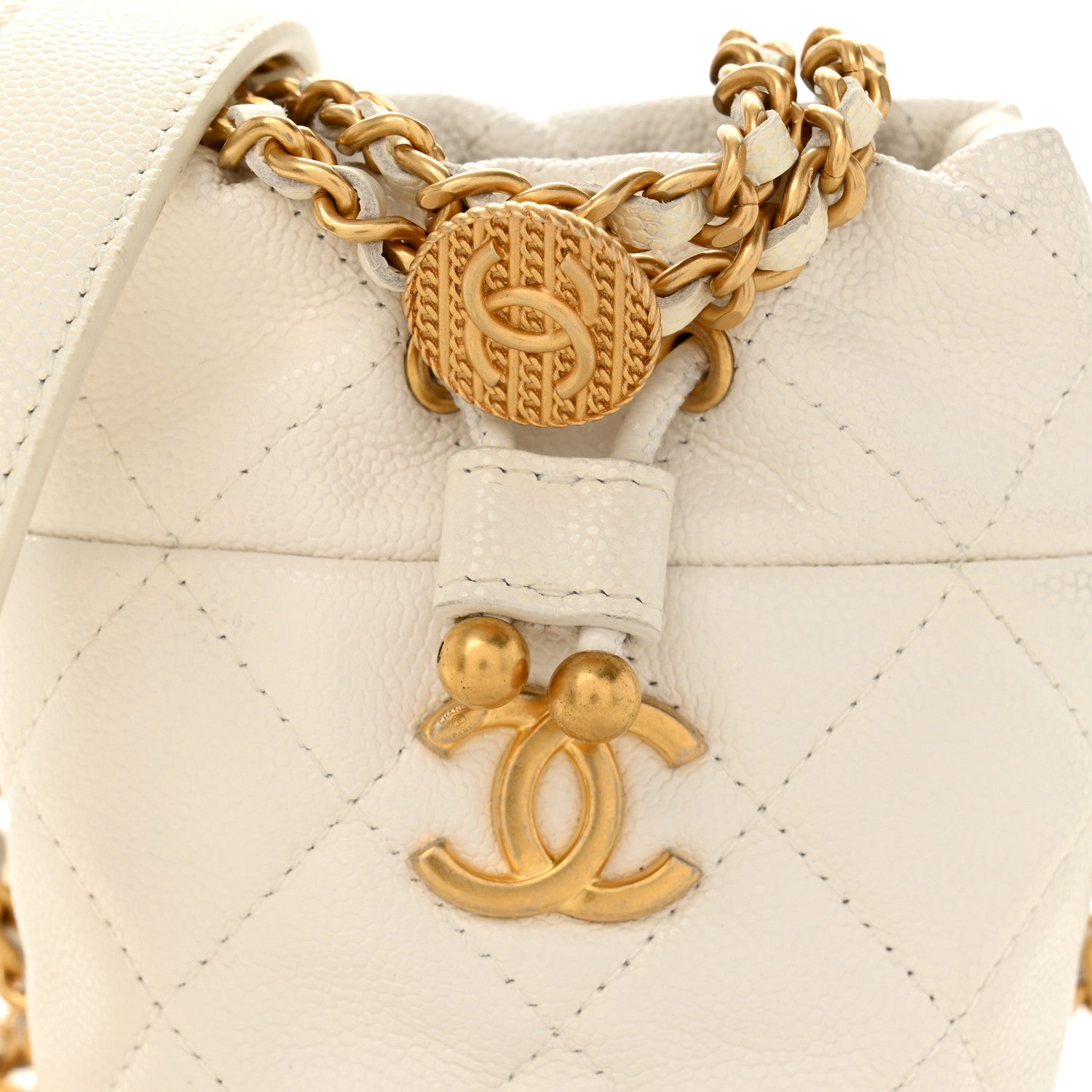 Caviar Quilted Twist Your Buttons Mini Bucket Bag White