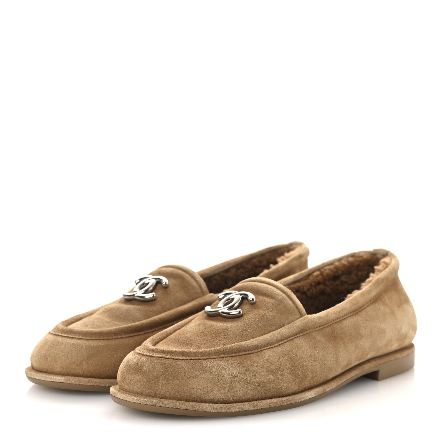 Suede Calfskin CC Loafers 36.5 Dark Beige