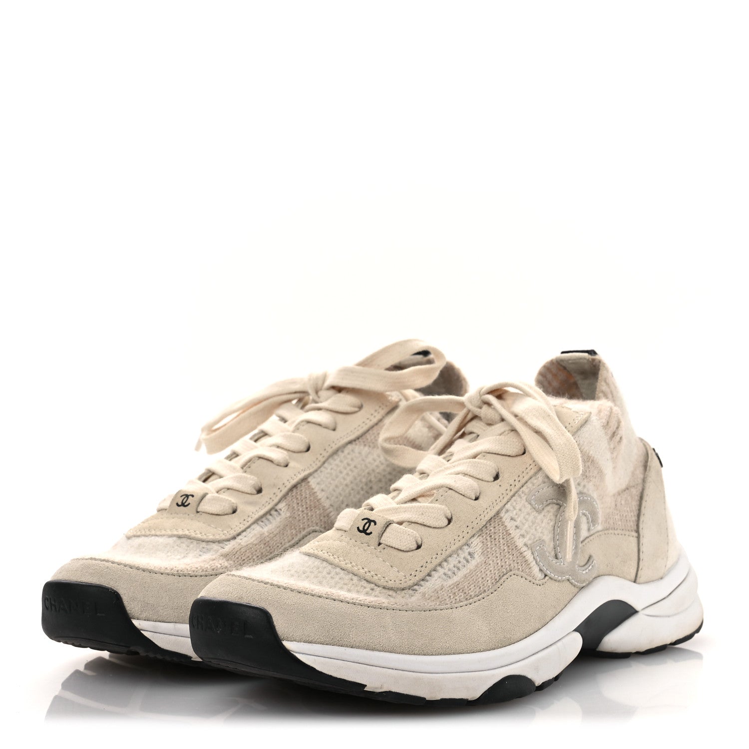 Knit Fabric Suede Calfskin Womens CC Sneakers 38.5 Ivory