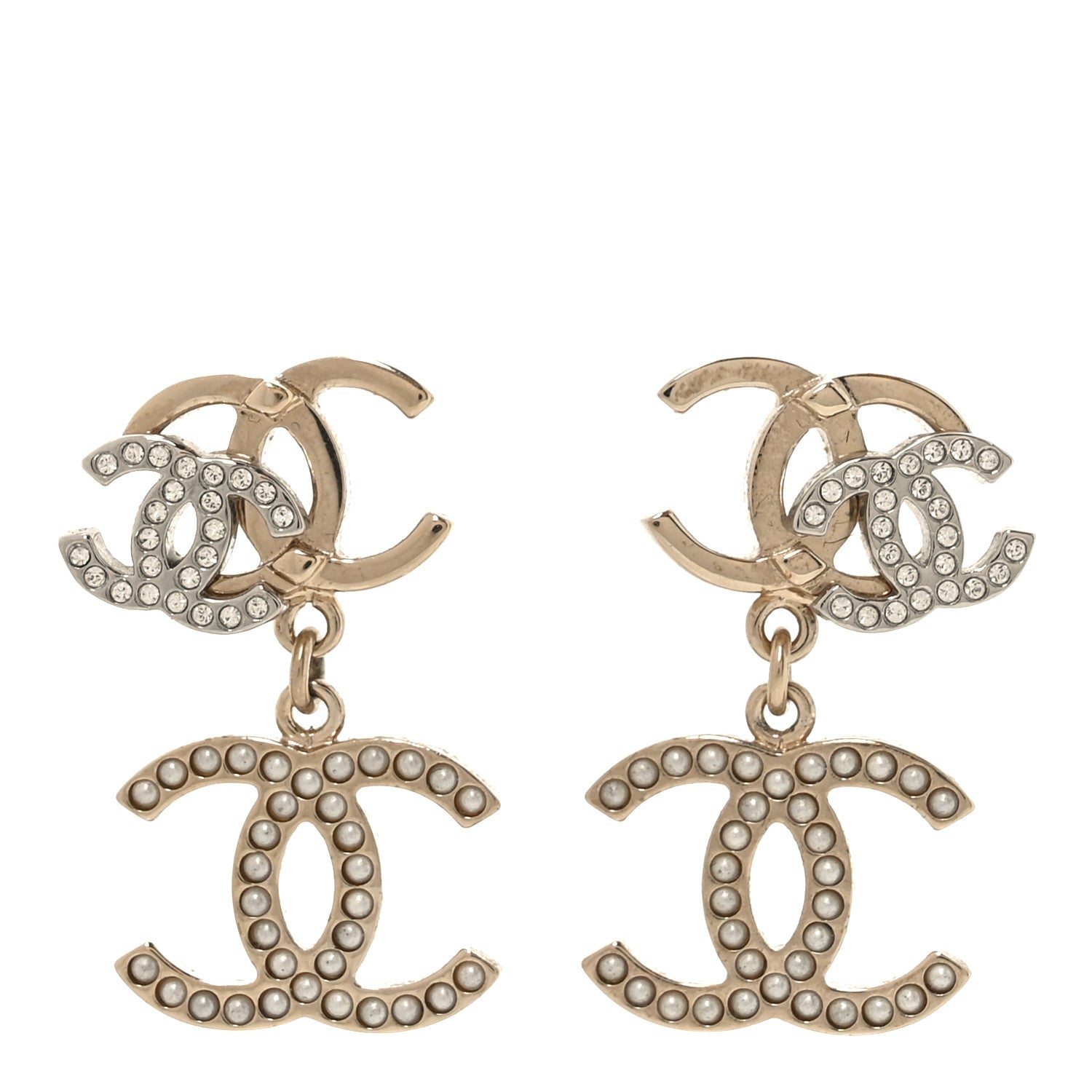 Crystal Pearl Double CC Drop Earrings Gold Silver