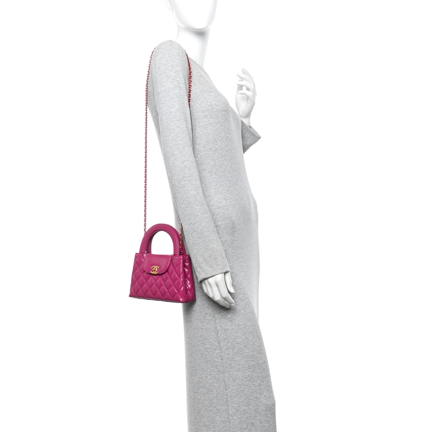 Shiny Aged Calfskin Quilted Nano Kelly Shopper Dark Pink