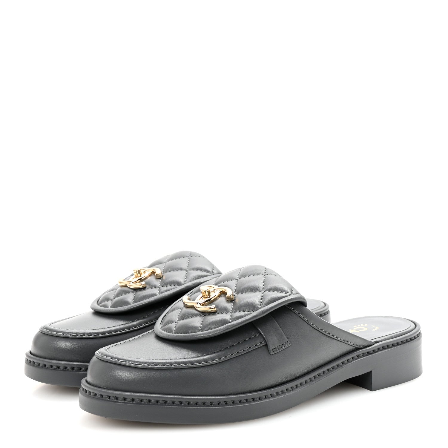 Lambskin Quilted CC Turnlock Mules 37 Dark Gray