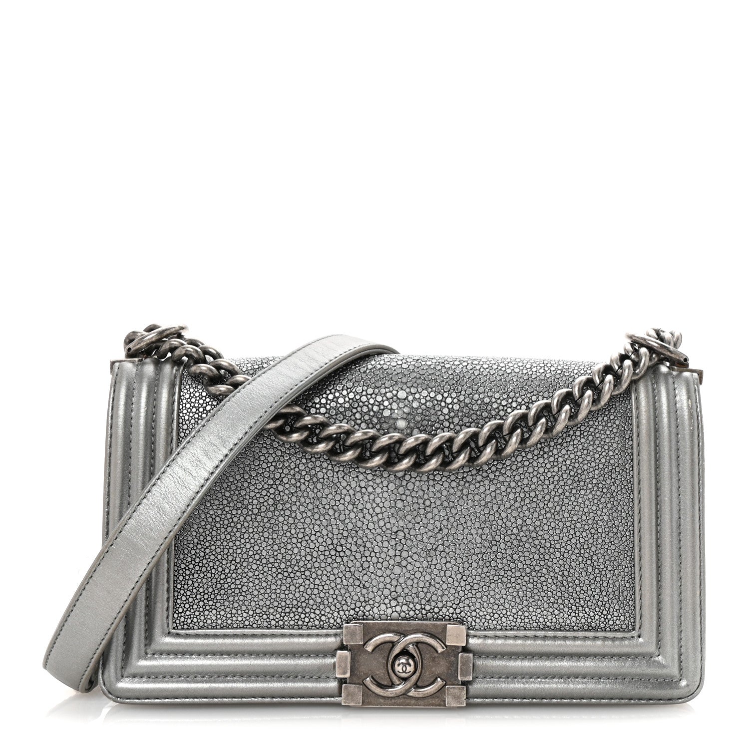 Metallic Galuchat Stingray Medium Boy Flap Silver