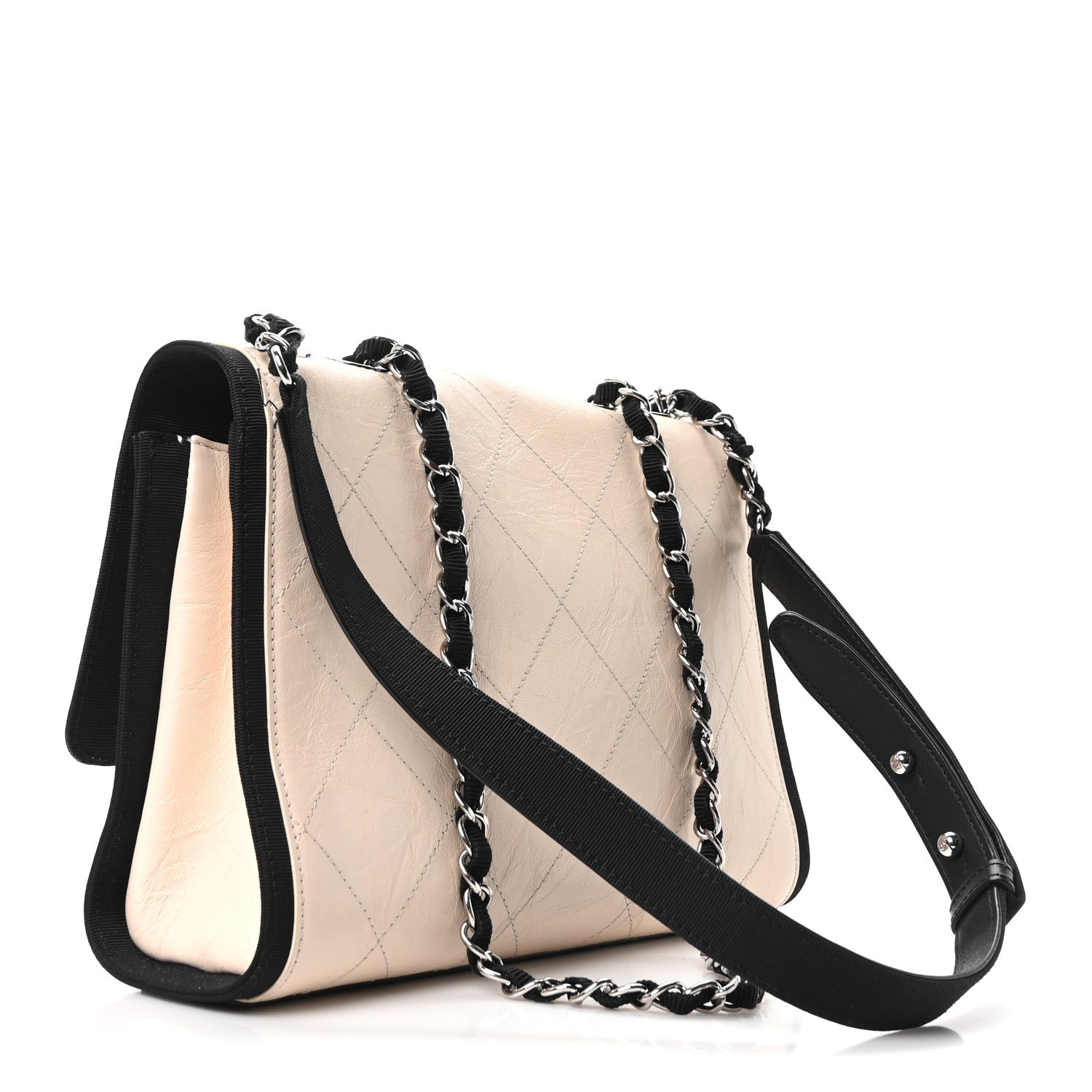 Aged Calfskin Grosgrain Quilted Chain CC Flap Ivory Black