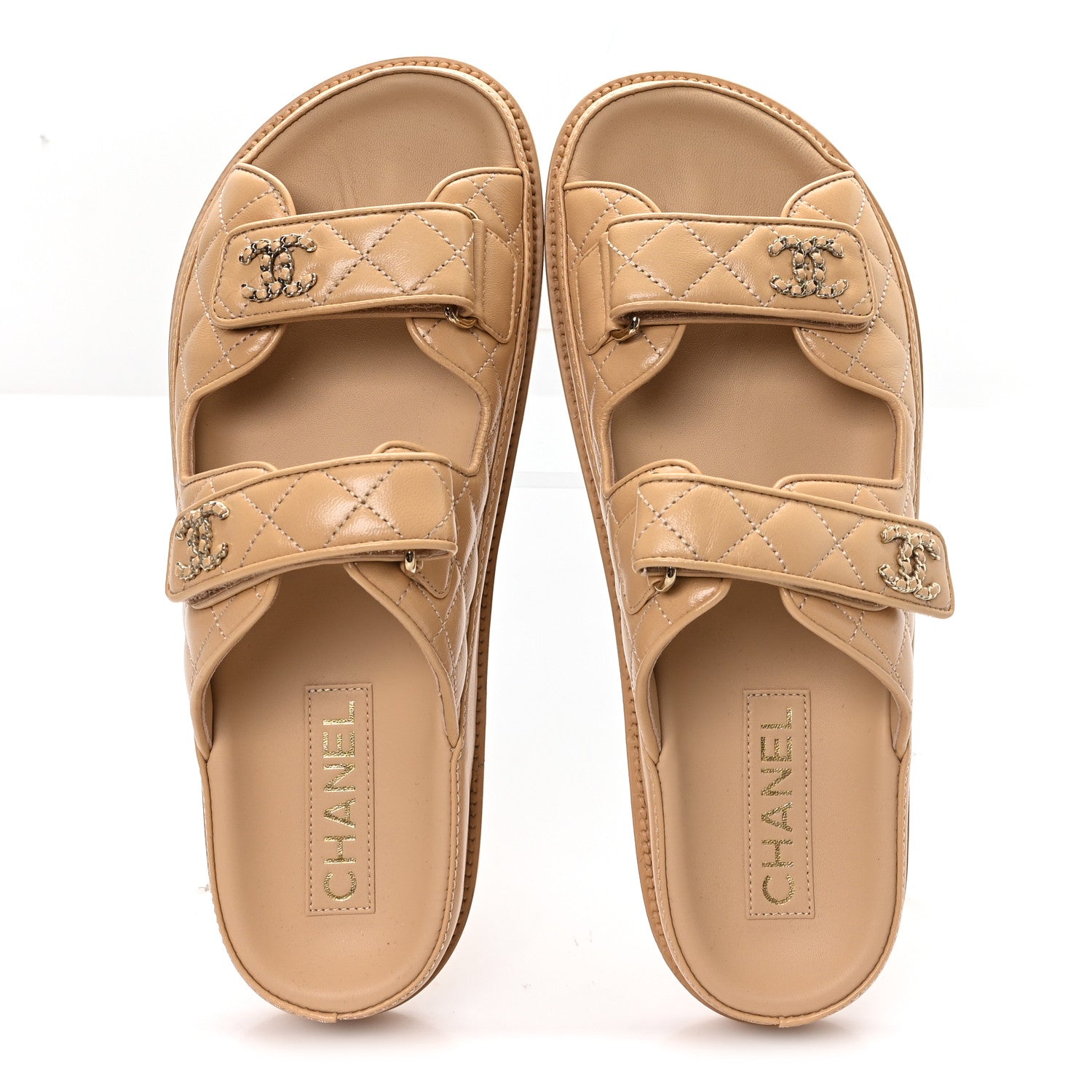Lambskin Quilted Velcro Dad Chain CC Slide Sandals 40 Beige