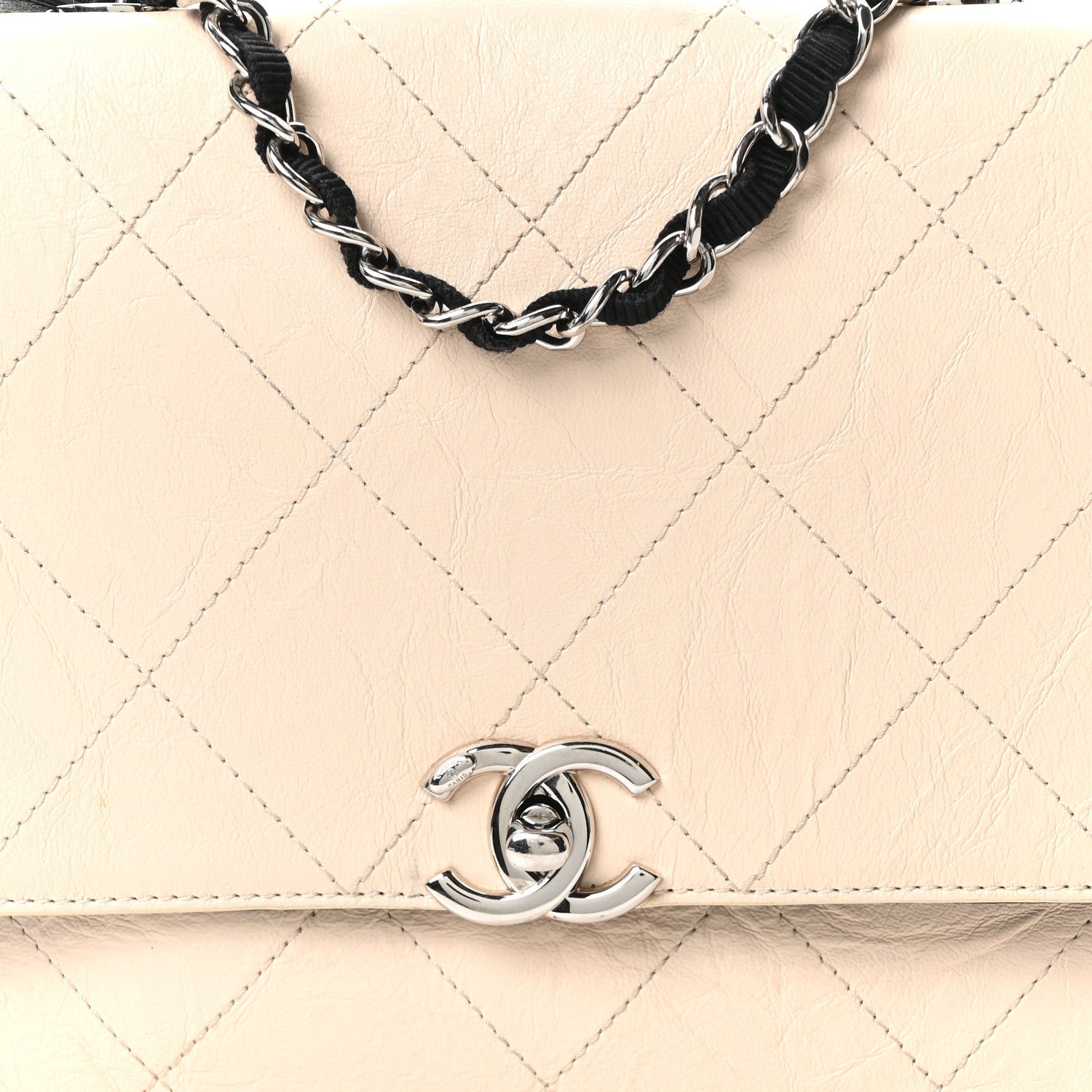 Aged Calfskin Grosgrain Quilted Chain CC Flap Ivory Black