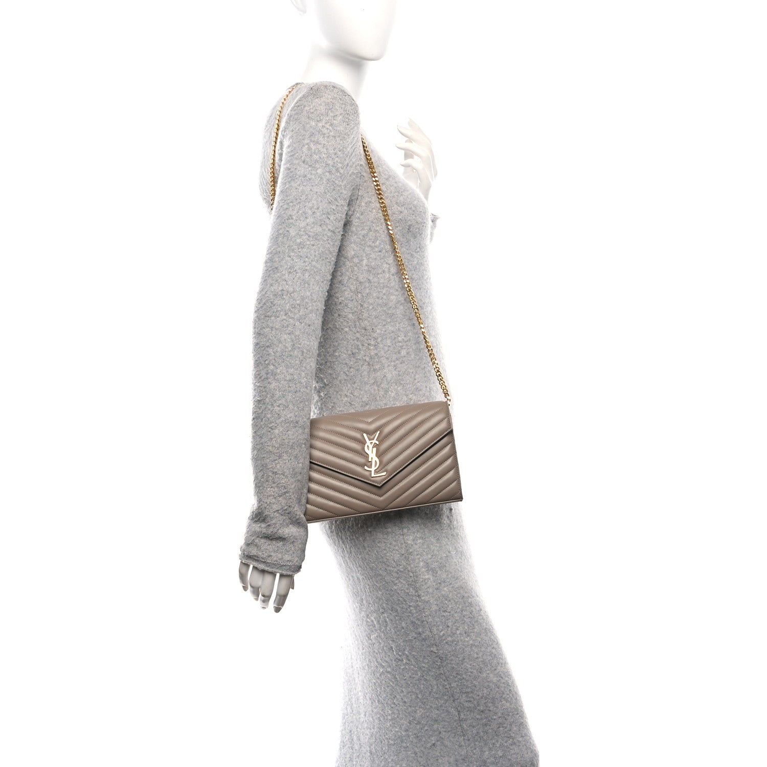 Lambskin Matelasse Chevron Monogram Chain Wallet Dusty Grey