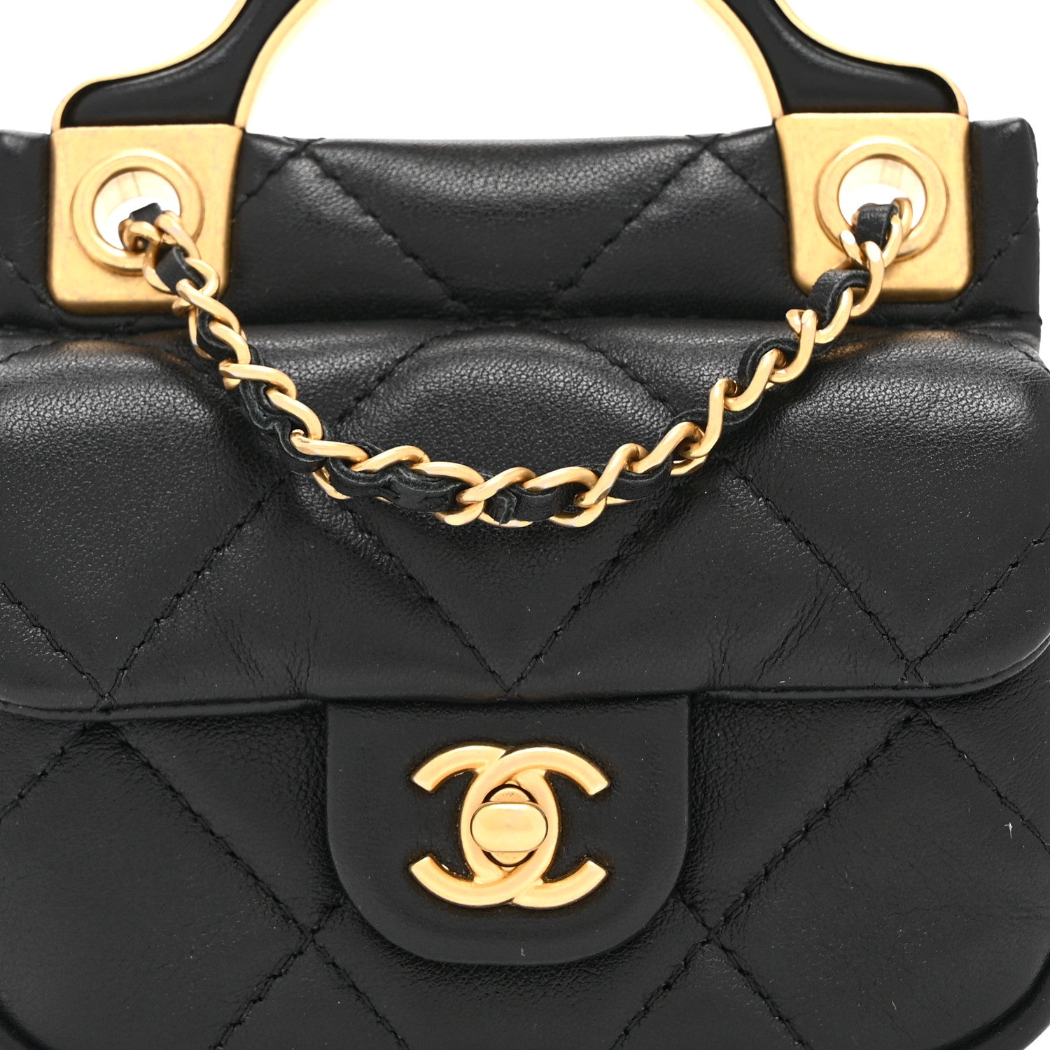 Calfskin Quilted Lady Handle Flap Card Holder With Chain Black