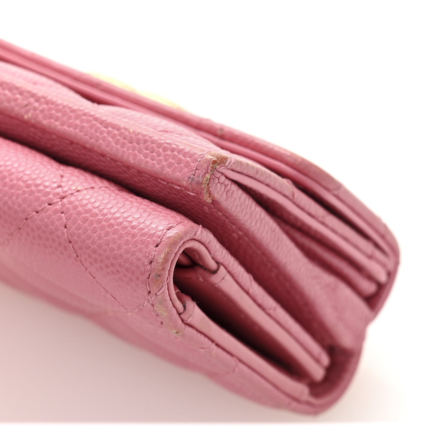 Caviar Quilted Textured CC Small Tri-Fold Flap Wallet Pink