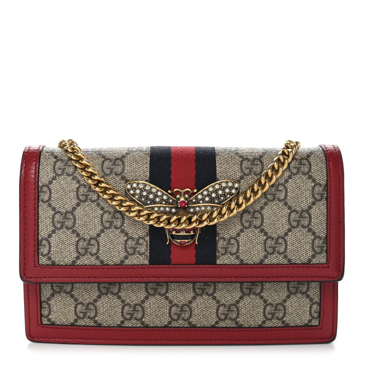 GG Supreme Monogram Web Queen Margaret Chain Wallet Red