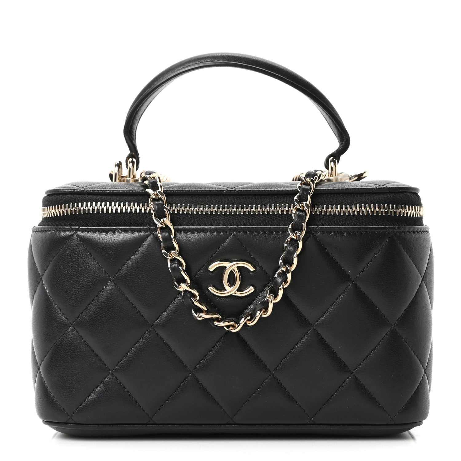 Lambskin Quilted Small Top Handle Vanity Case With Chain Black