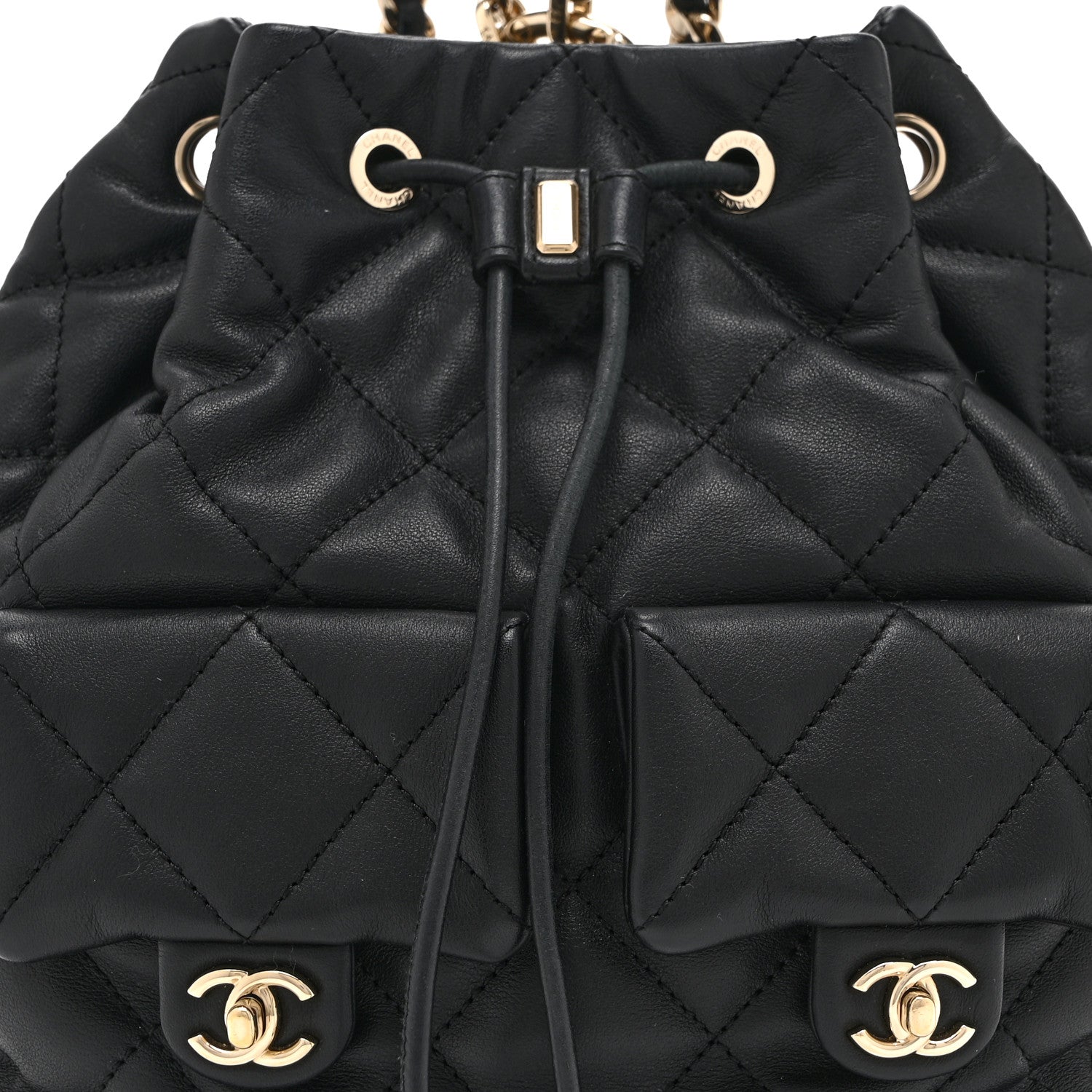 Lambskin Quilted Double Pocket Drawstring Backpack Black