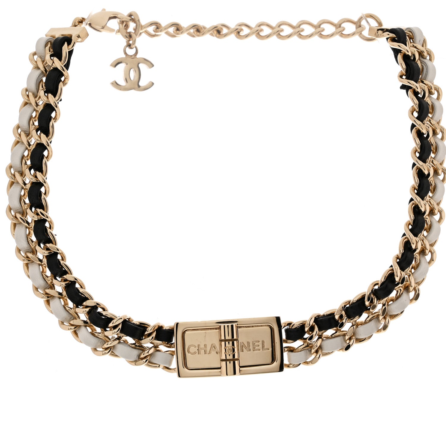 Metal Lambskin Reissue Lock Choker Necklace Black White Gold
