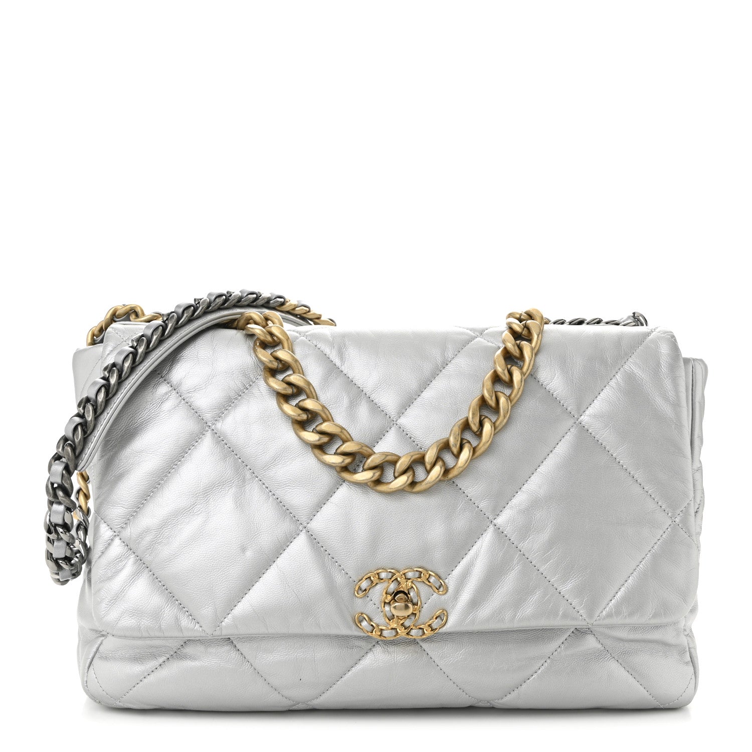 Metallic Goatskin Quilted Maxi Chanel 19 Flap Silver