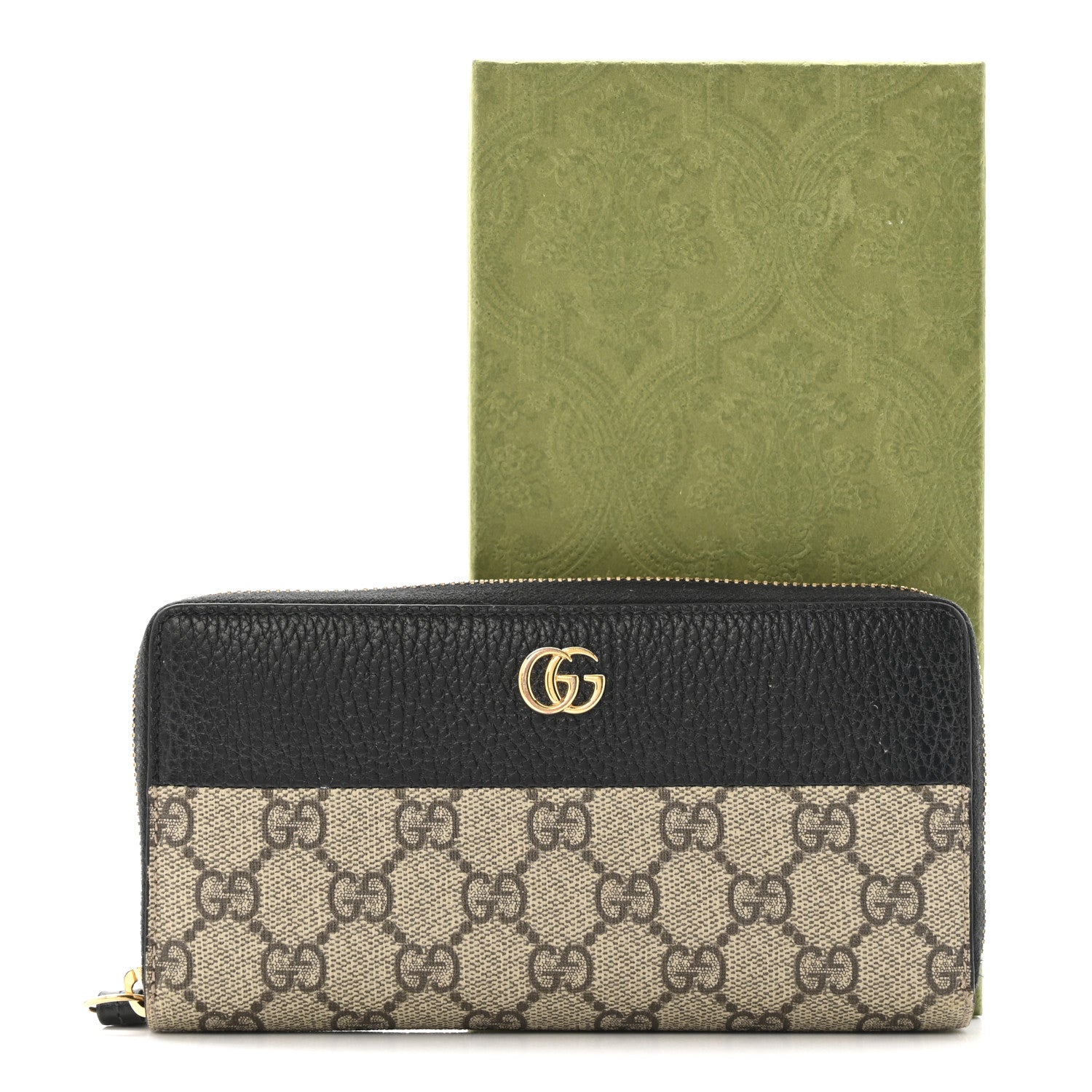 Dollar Calfskin GG Supreme Monogram GG Marmont Zip Around Wallet Black Beige Ebony
