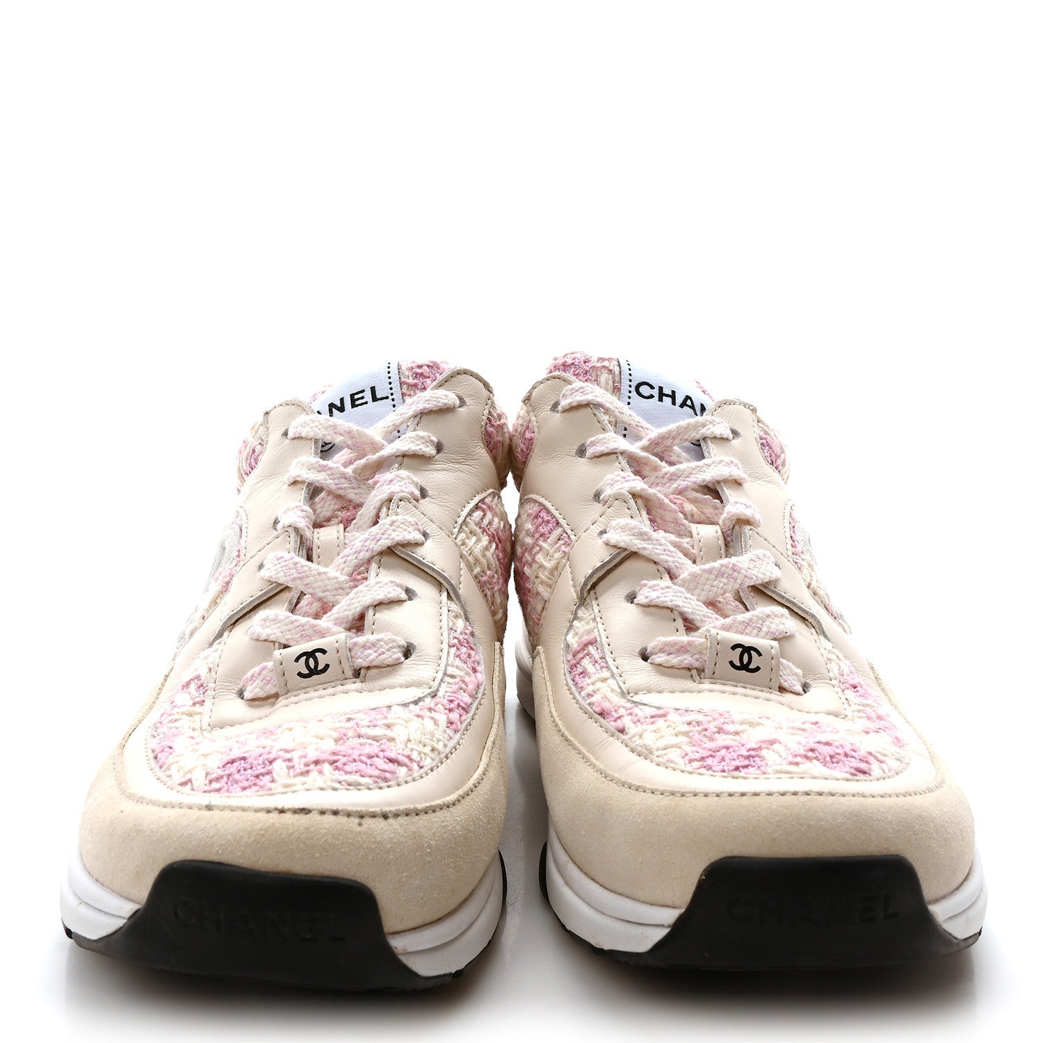 Tweed Suede Calfskin Womens CC Sneakers 39 Pink Ecru