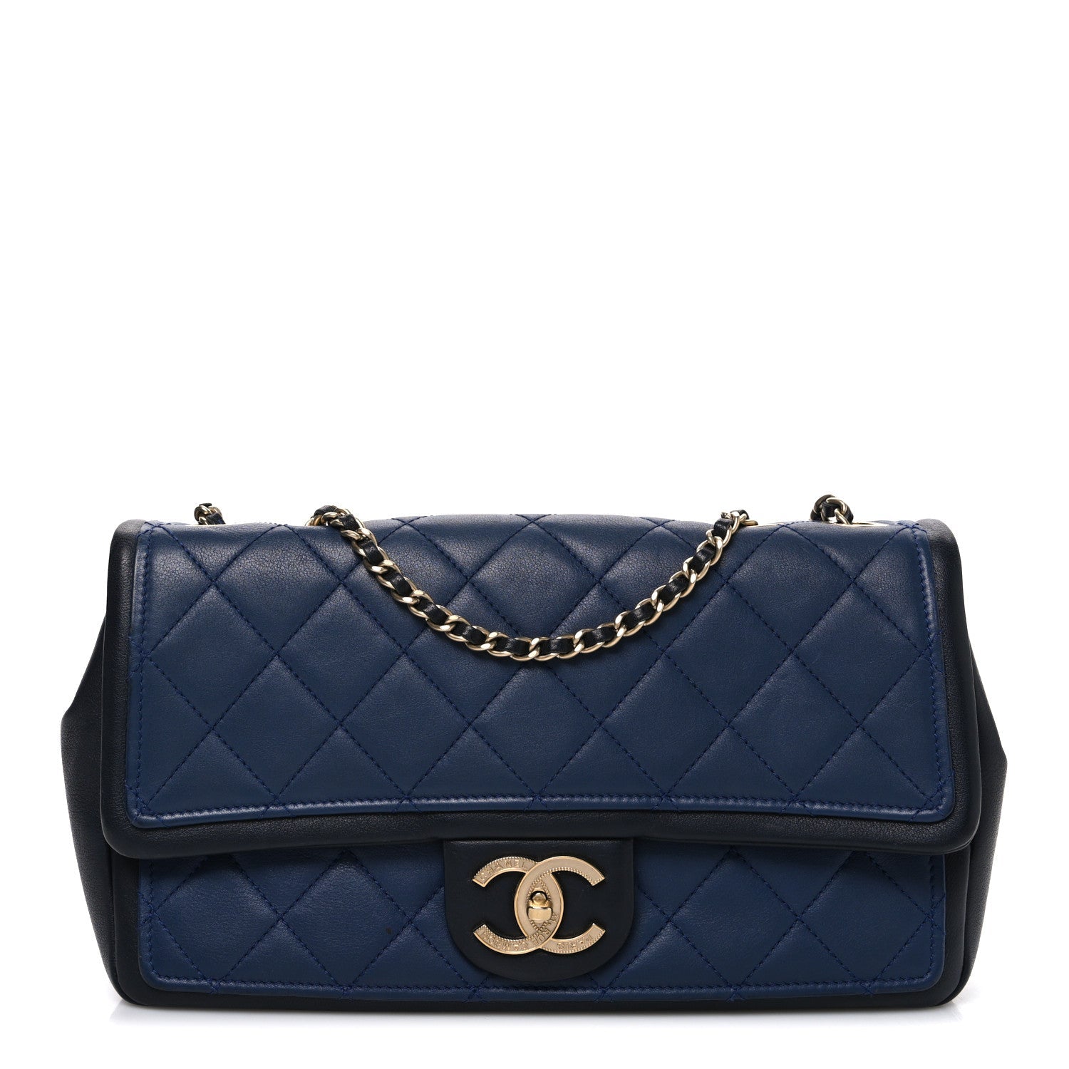 Calfskin Quilted Medium Graphic Flap Blue Black