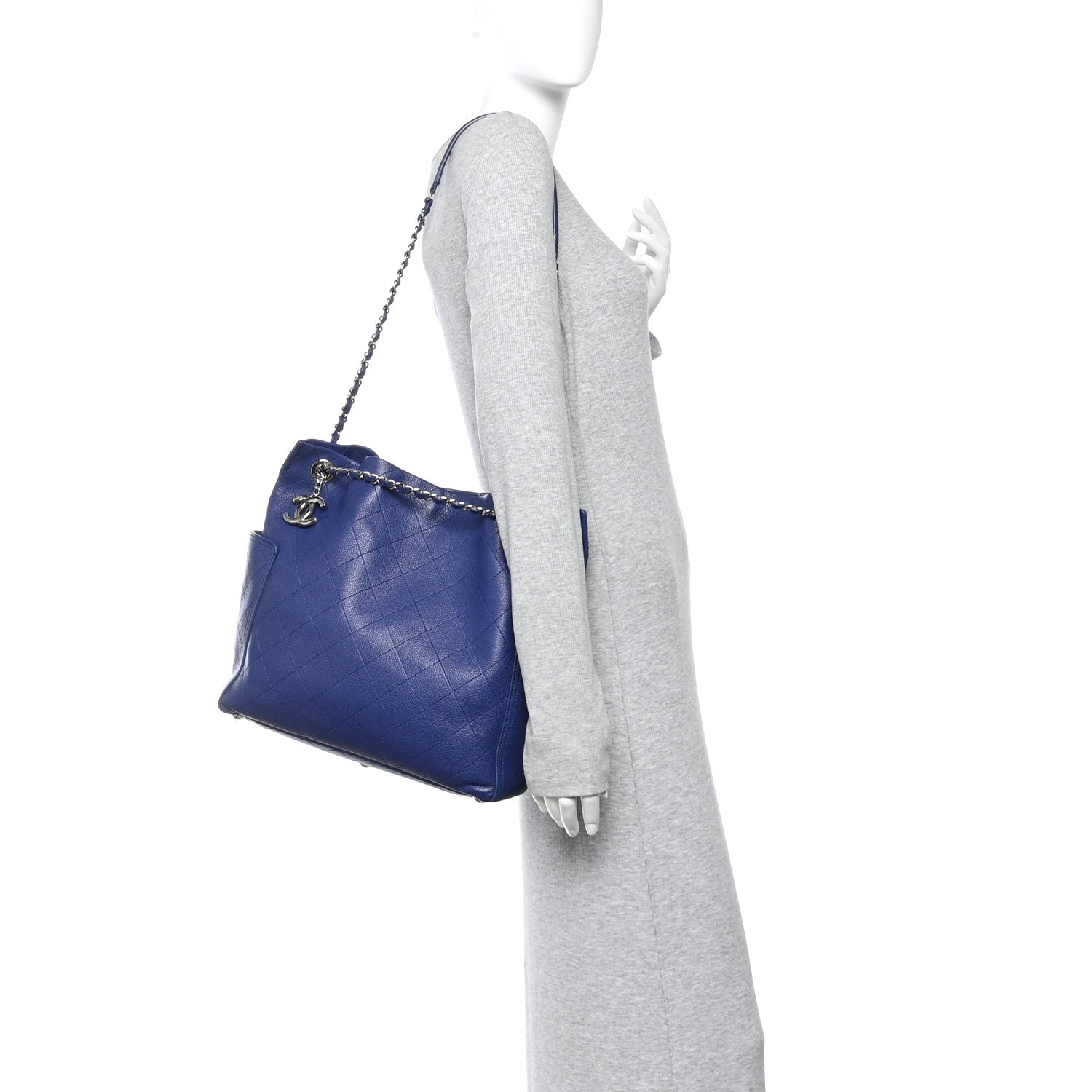 Grained Calfskin Stitched CC Pocket Tote Navy Blue