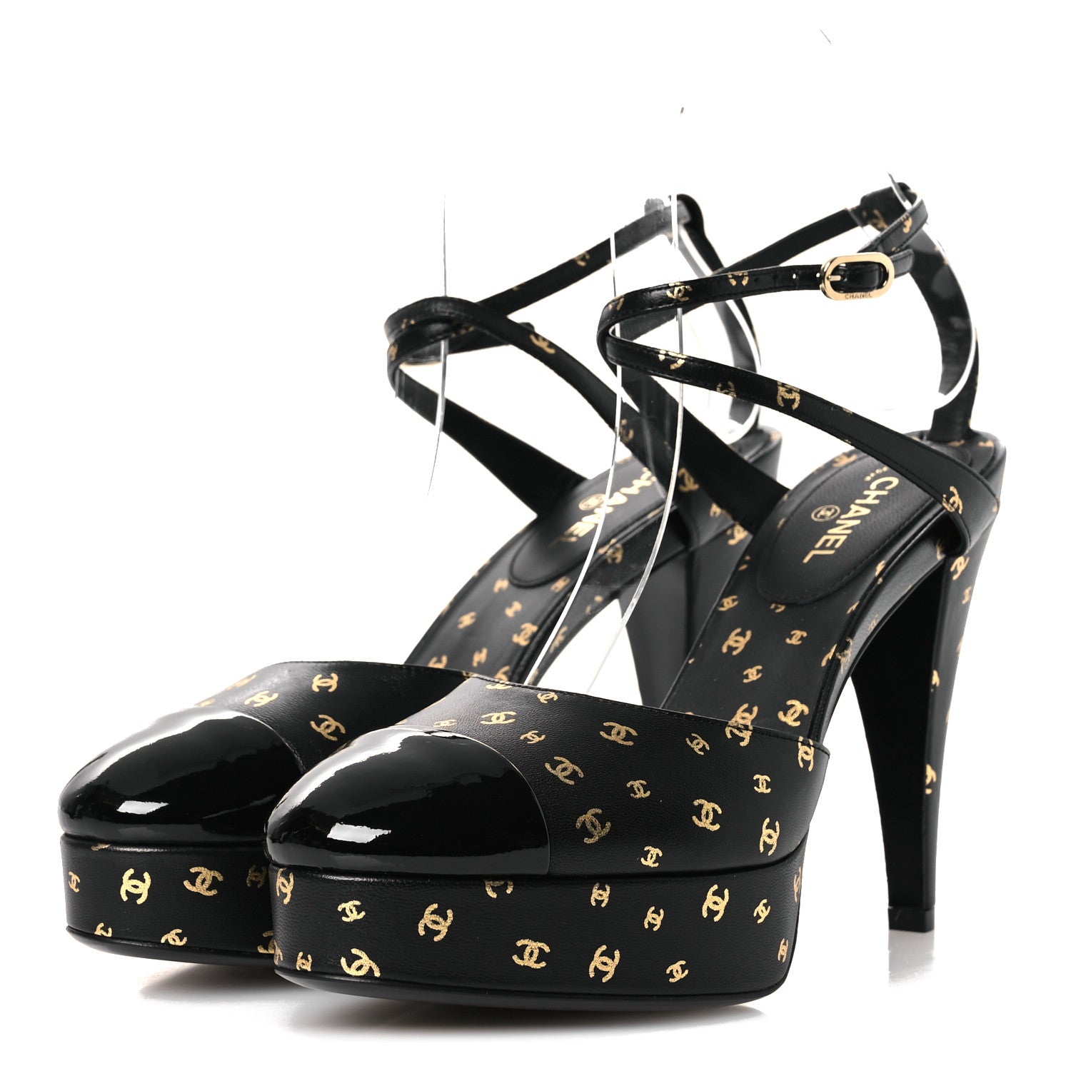Printed Lambskin CC Platform Pumps 37.5 Black Gold