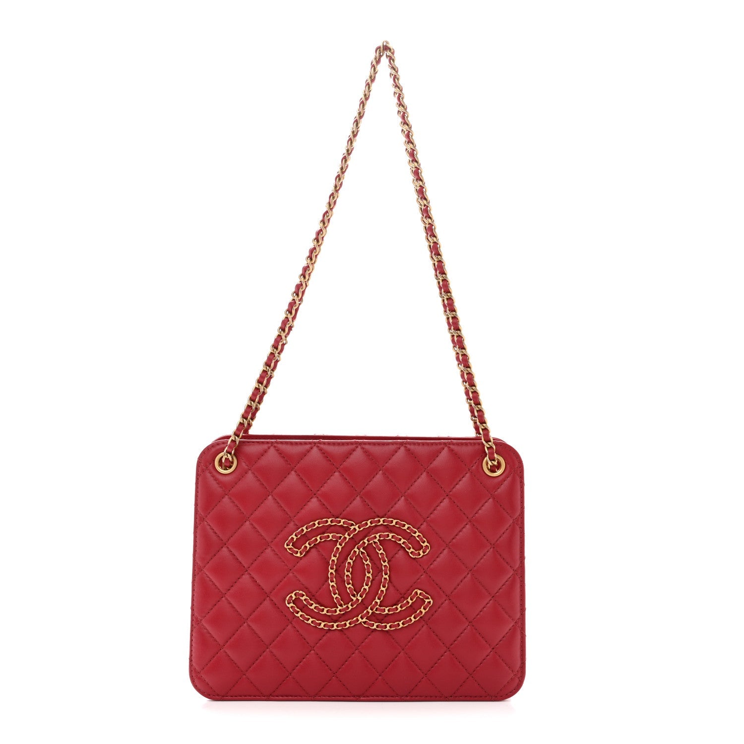 Calfskin Quilted CC Chain Accordion Tote Red