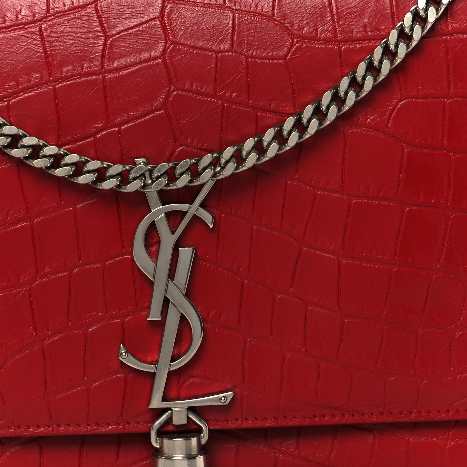 Calfskin Crocodile Embossed Medium Classic Monogram Kate Tassel Satchel New Red