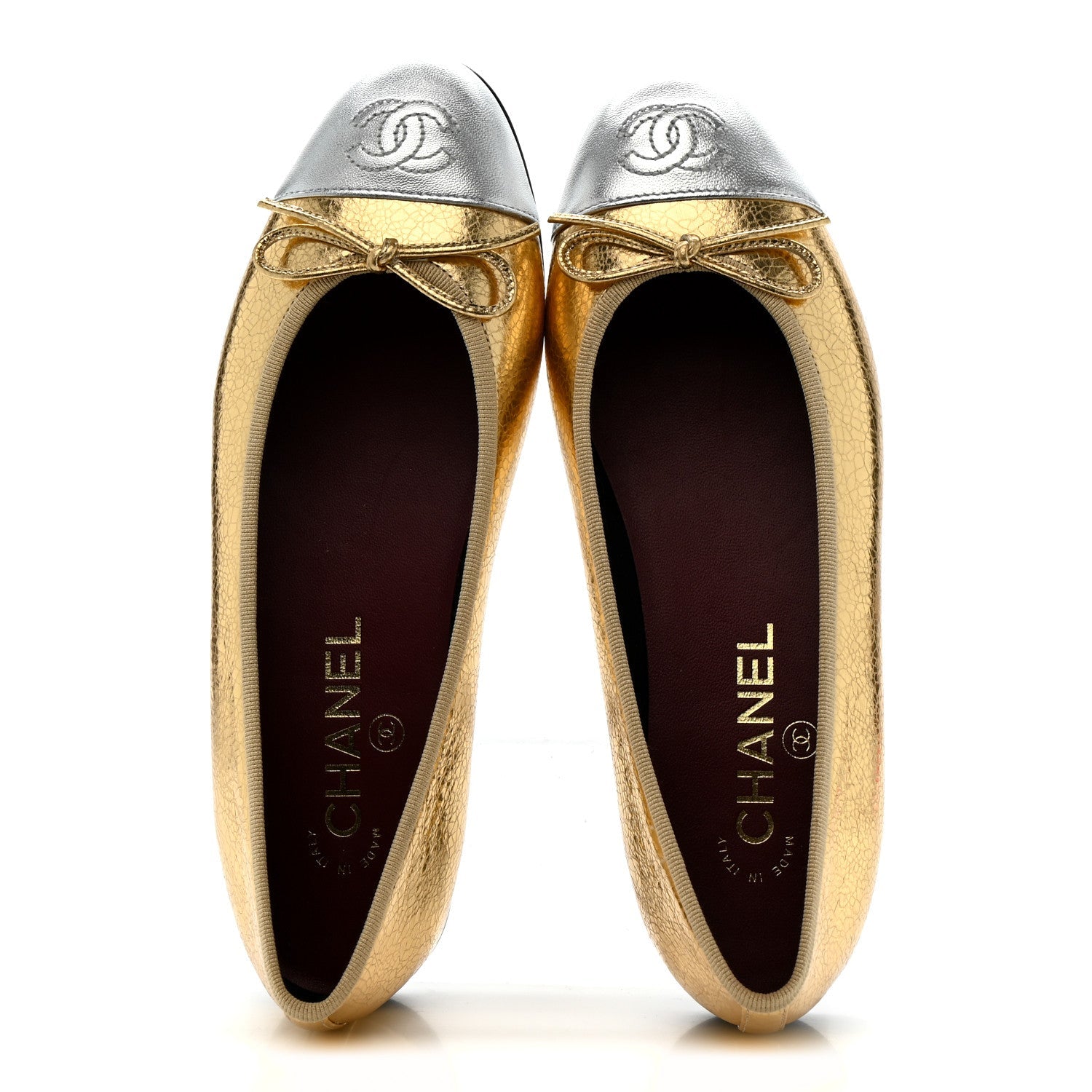 Crackled Laminated Calfskin CC Cap Toe Ballerina Flats 36.5 Gold Silver