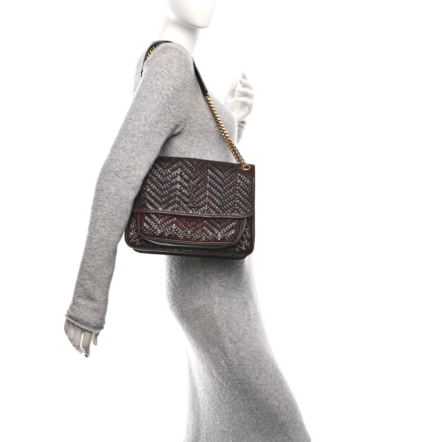 Calfskin Woven Monogram Medium Niki Chain Satchel Burnt Brown