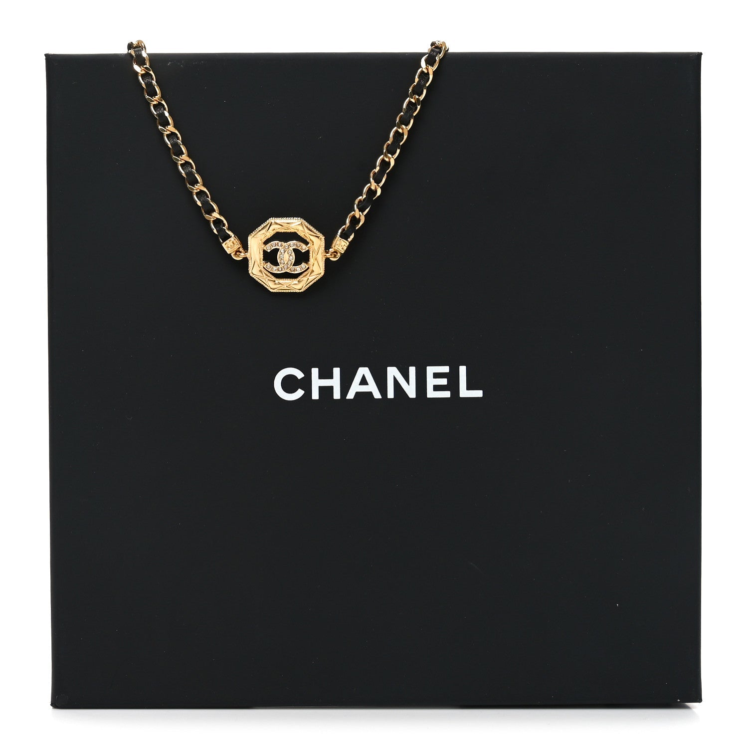 Metal Calfskin Crystal Chain CC Choker Necklace Black Gold