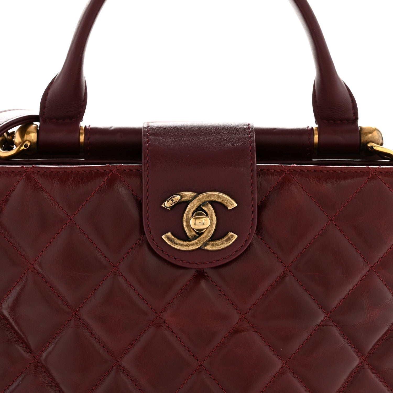 Glazed Calfskin Quilted Small Gold Bar Tote Red