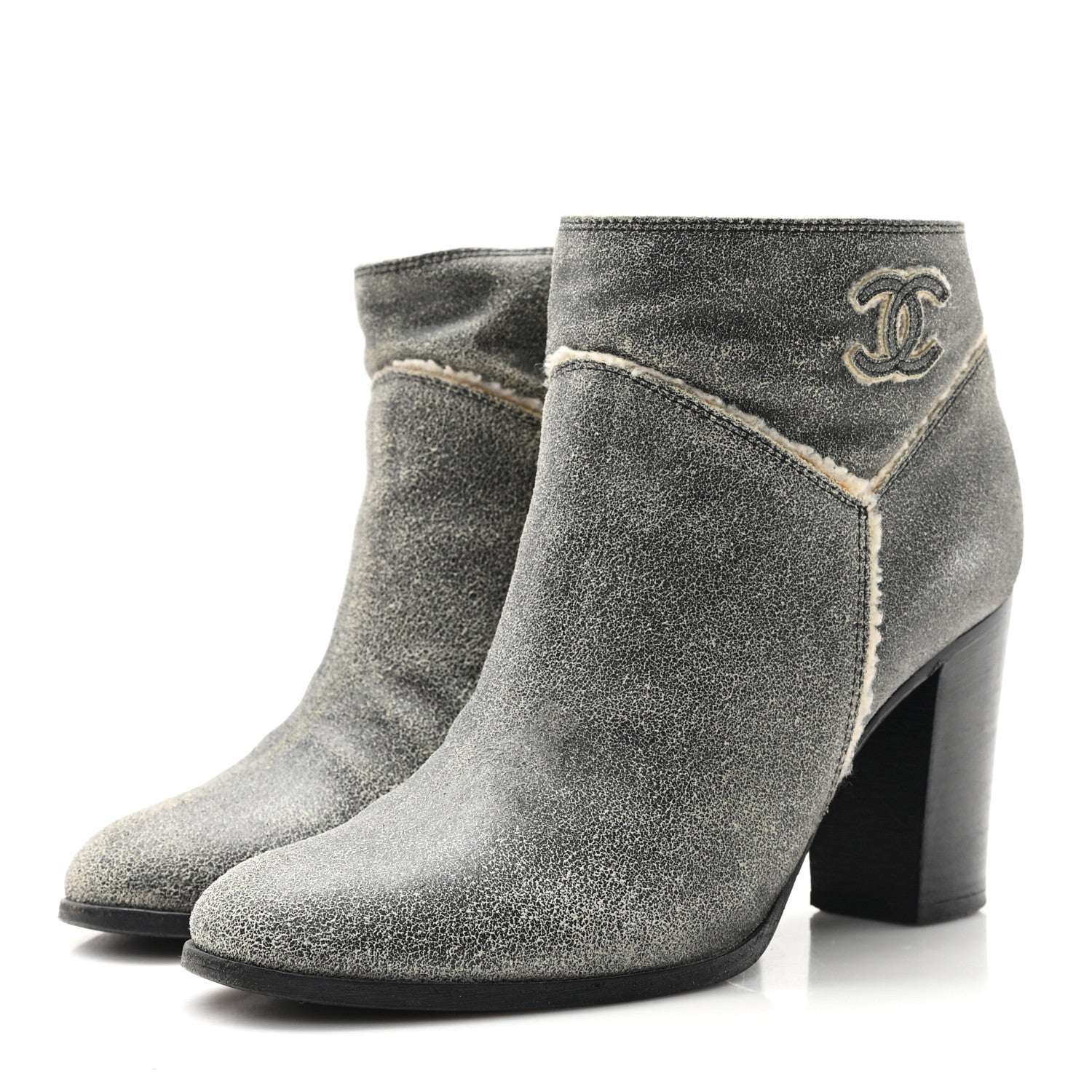 Suede Calfskin Shearling CC Ankle Boots 37 Beige