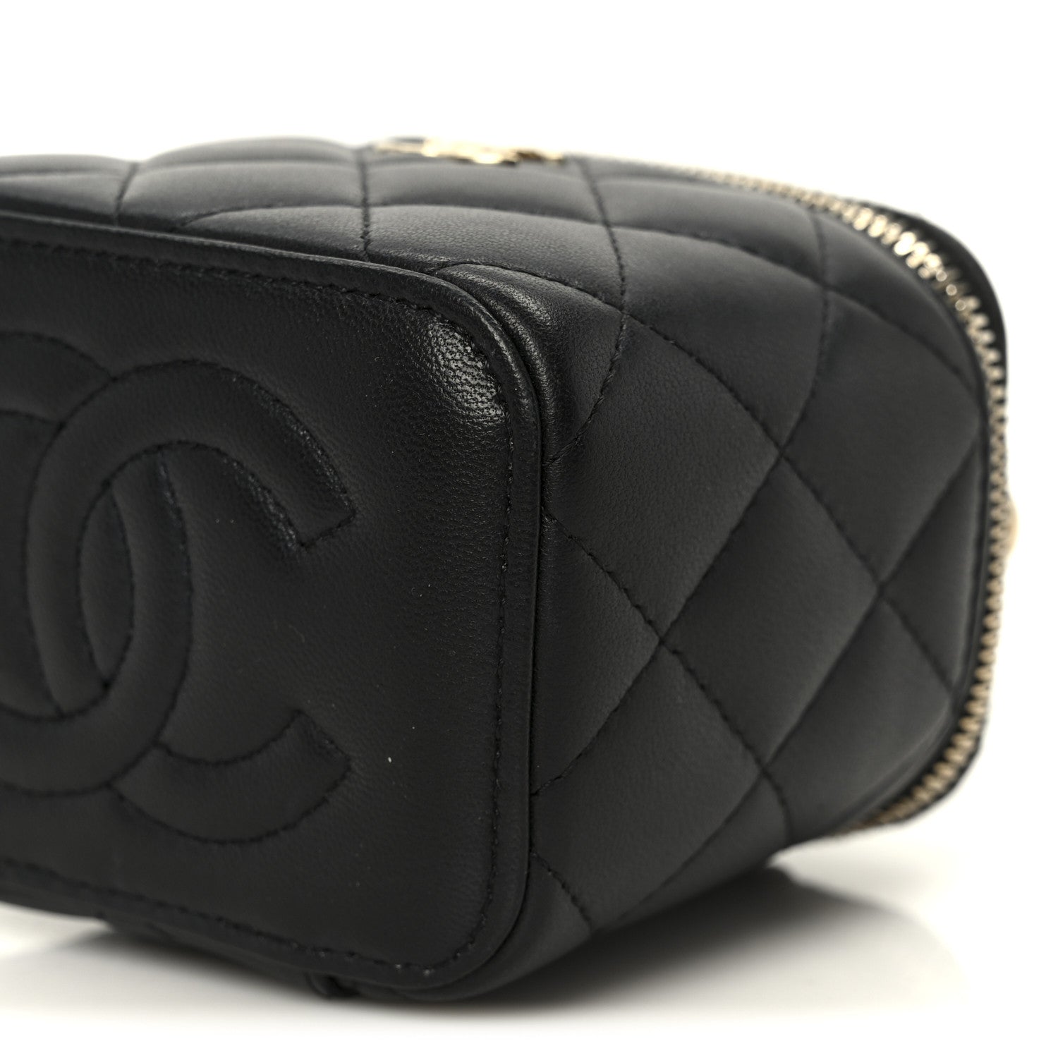 Lambskin Quilted Top Handle Mini Vanity Case With Chain Black