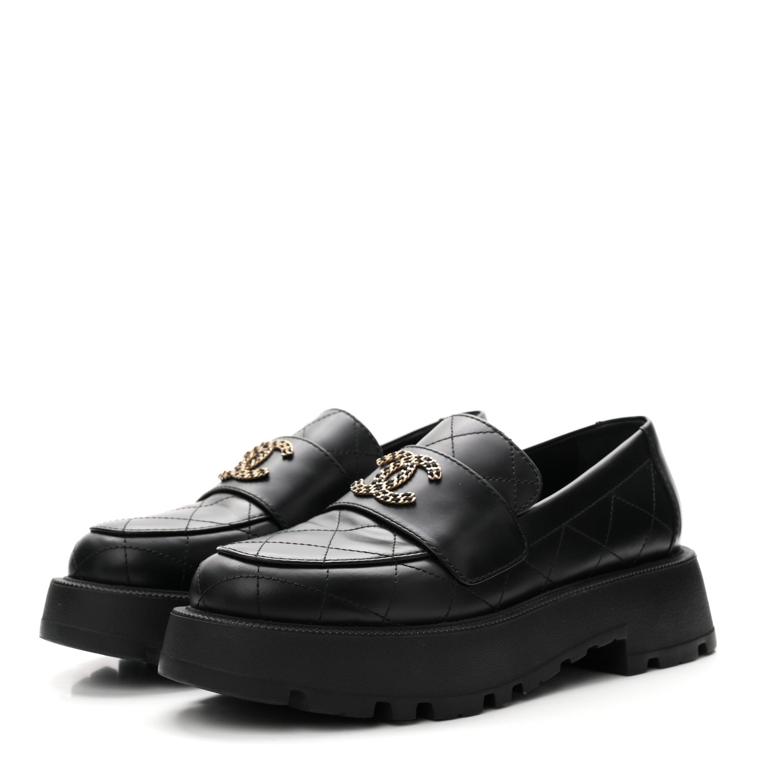 Calfskin Stitched CC Loafers 38.5 Black