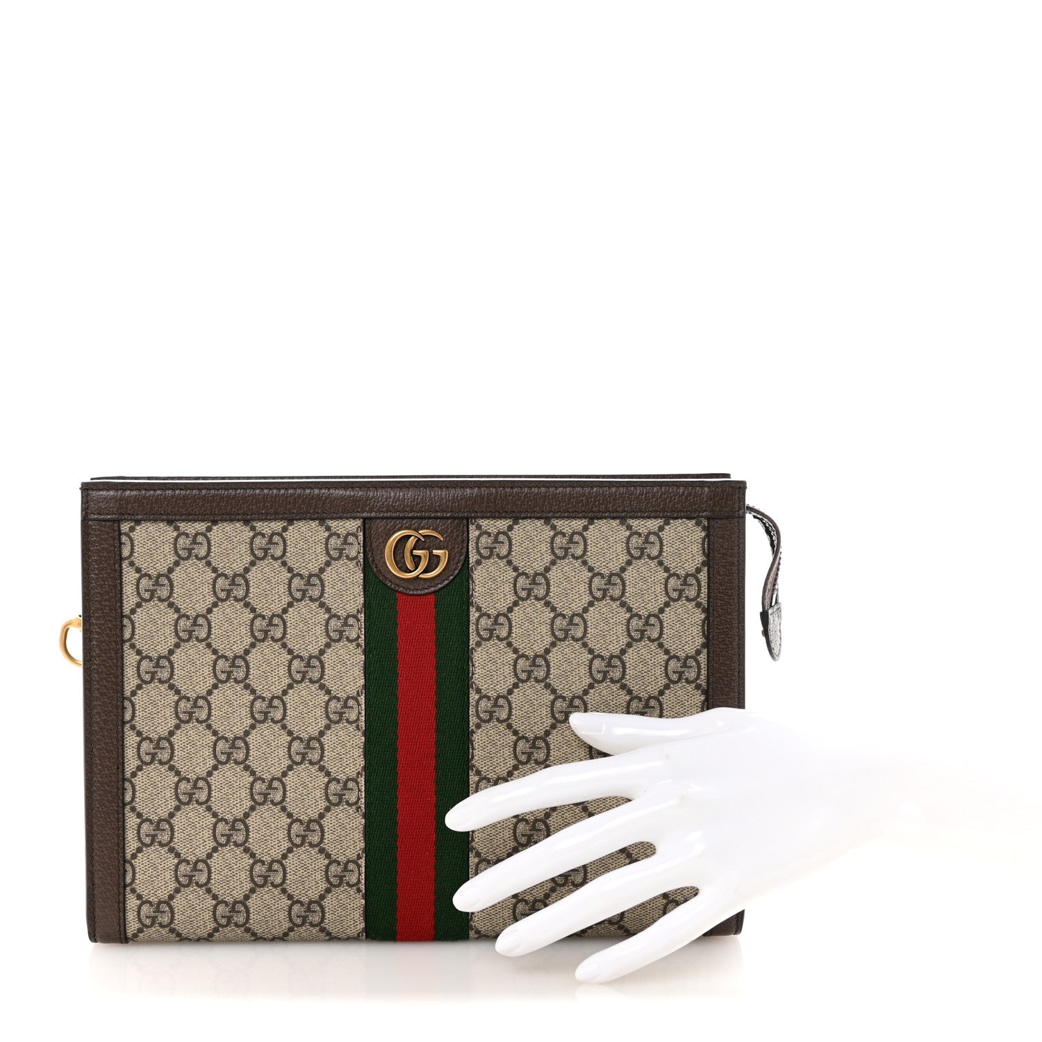 GG Supreme Monogram Textured Dollar Calfskin Web Small Ophidia Wristlet Pouch Beige Ebony New Acero