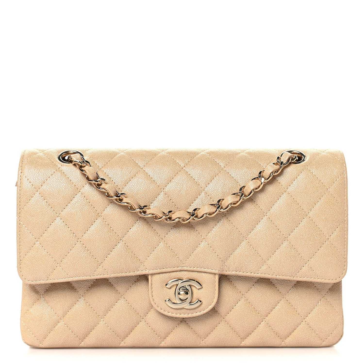 Iridescent Caviar Quilted Medium Double Flap Beige