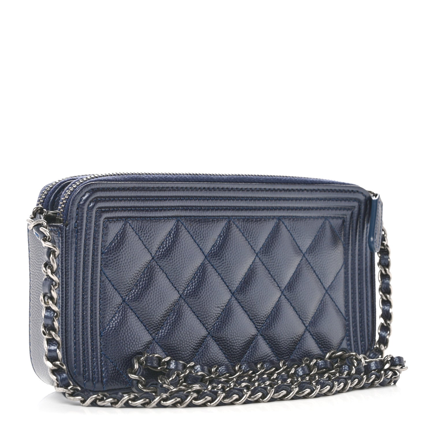 Metallic Caviar Quilted Small Boy Clutch With Chain Navy