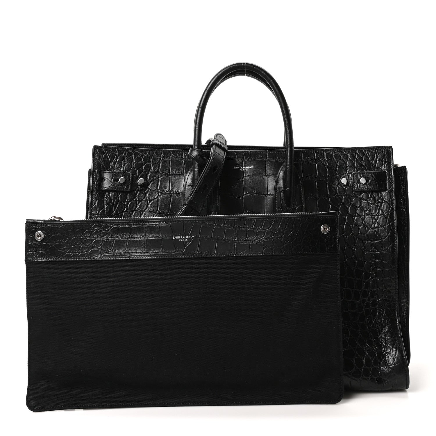 Calfskin Crocodile Embossed Large Souple Sac De Jour Black