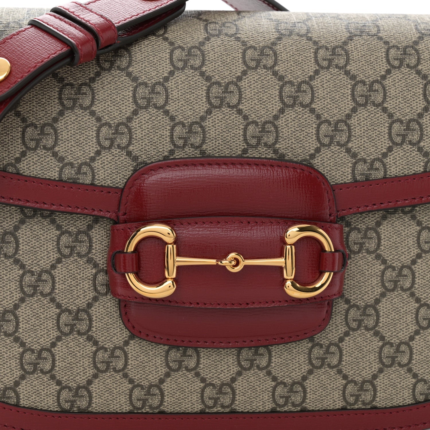 GG Supreme Monogram Azalea Calfskin Horsebit 1955 Shoulder Bag Beige Ebony New Cherry Red