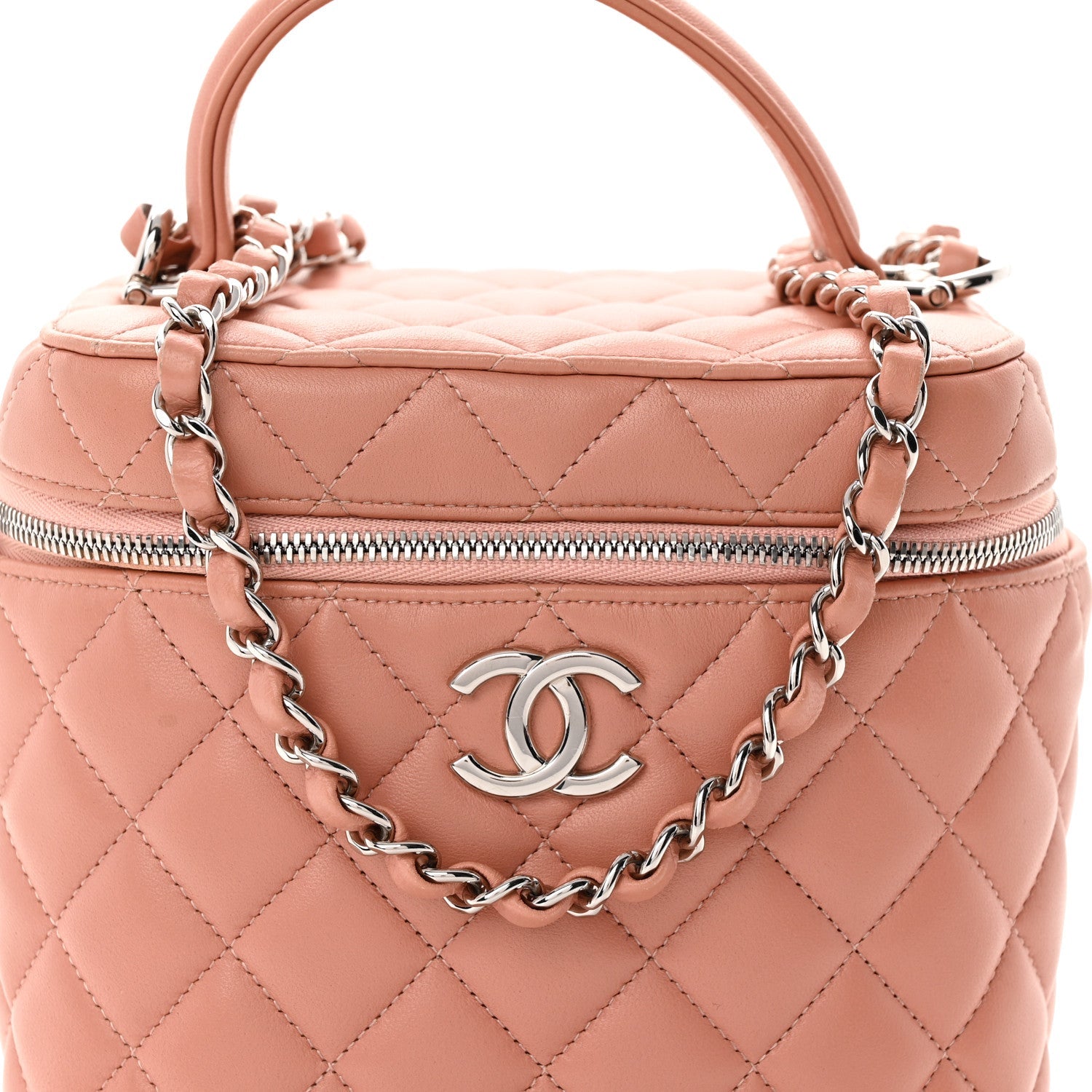 Lambskin Quilted Top Handle Vanity Case With Chain Light Pink