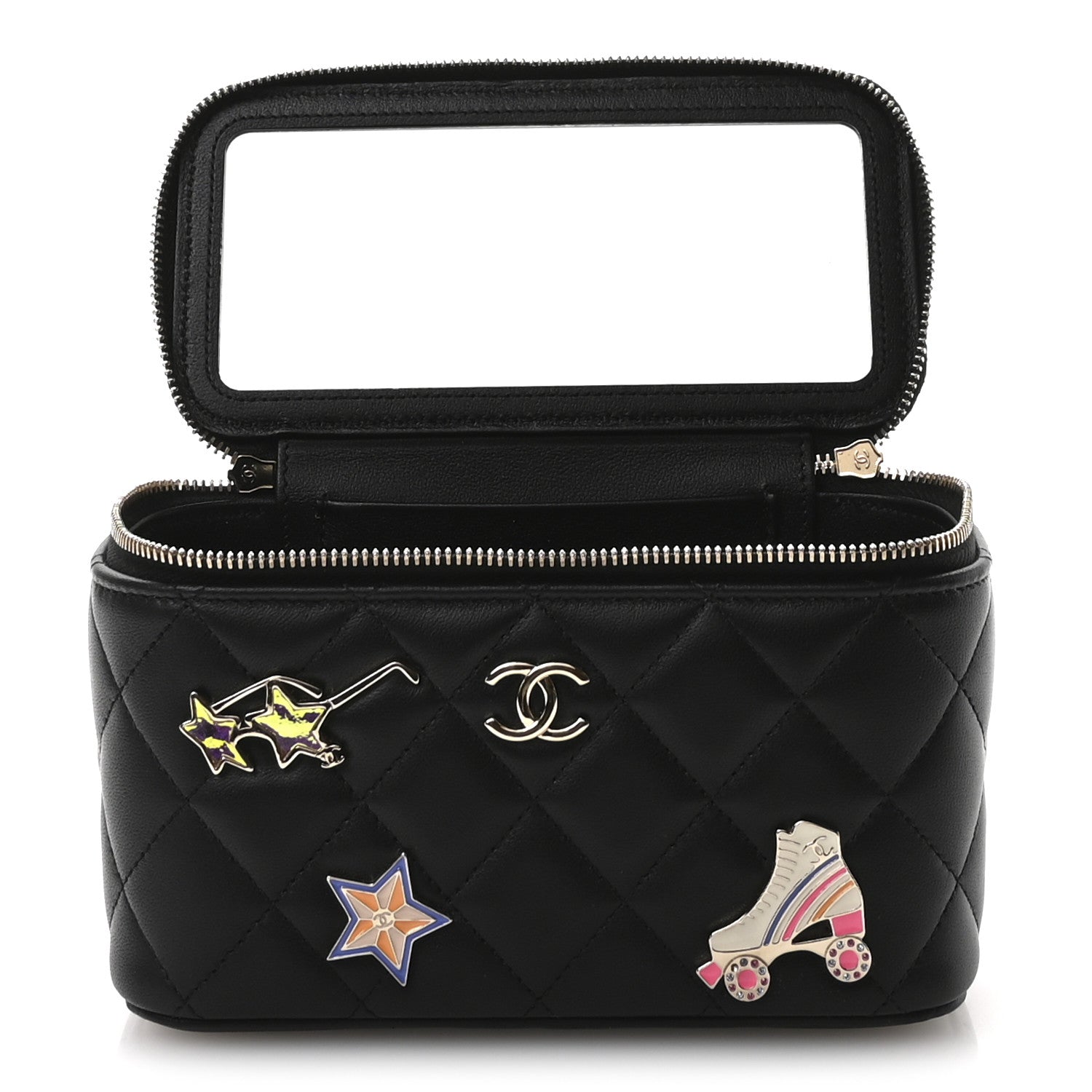 Lambskin Enamel Quilted Roller Skate Small Vanity Case With Chain Black