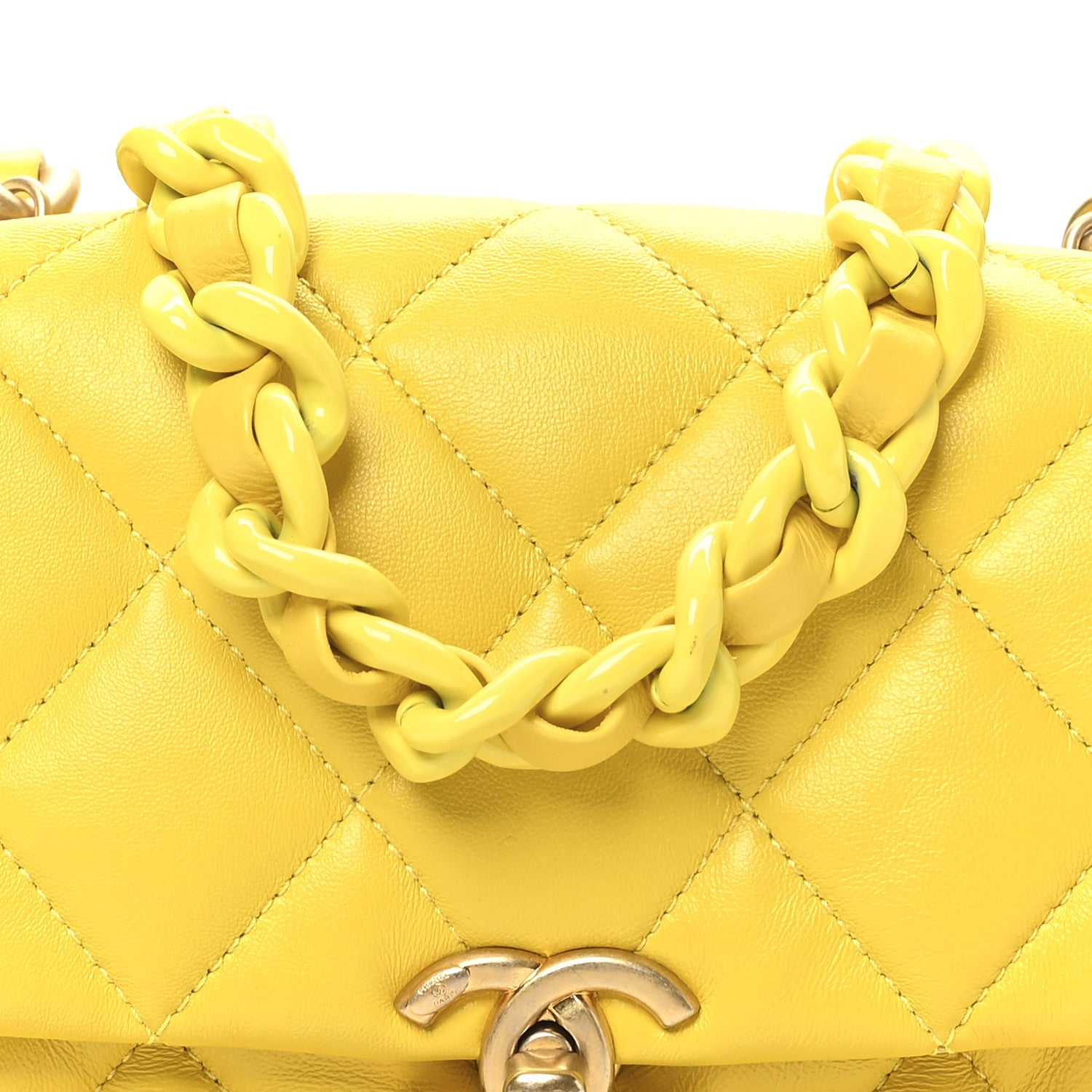Lambskin Quilted Mini Lacquered Chain Flap Yellow