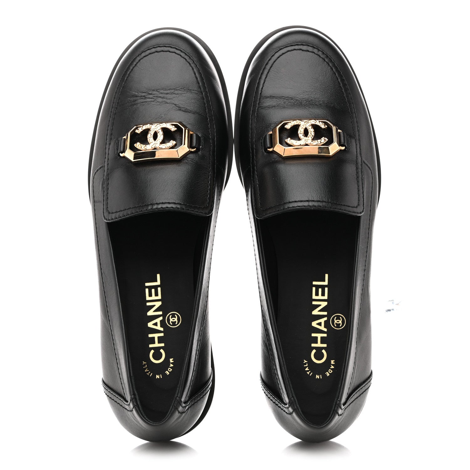 Shiny Calfskin Metal CC Mocassin Loafers 38.5 Black