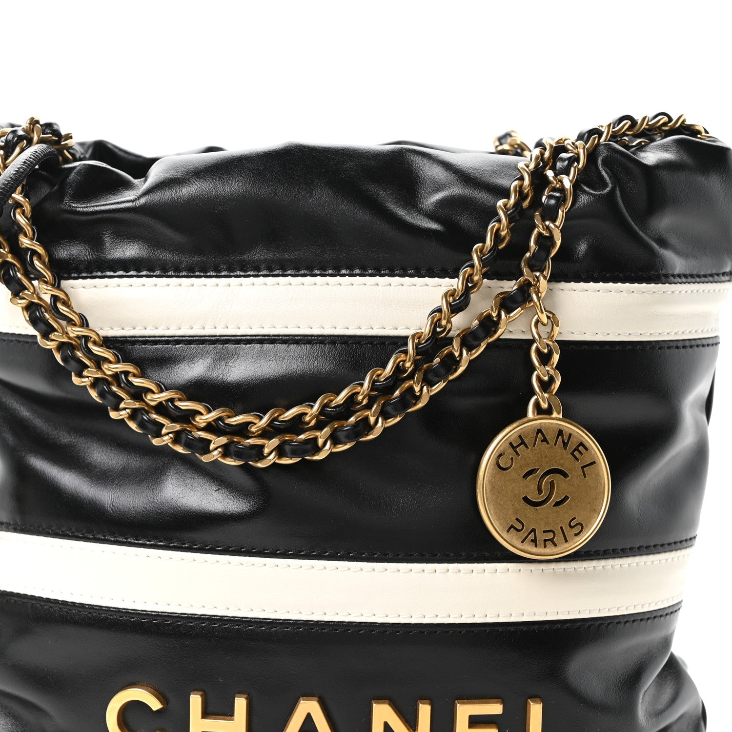 Shiny Calfskin Striped Mini Chanel 22 Black White