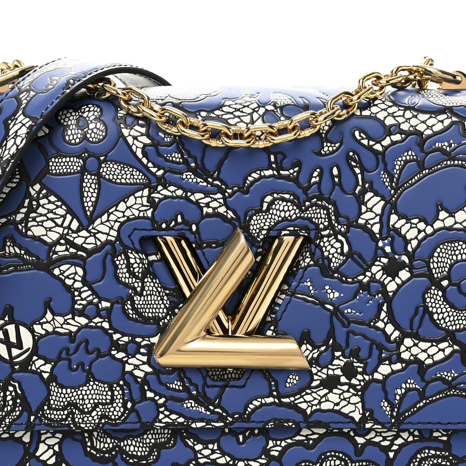 Calfskin Lace Flower Inlay Twist Shoulder Bag MM Navy Black