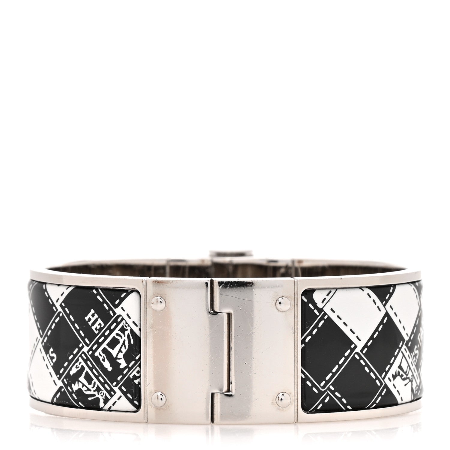 Enamel Printed Wide Bolduc Au Carre Hinged Bracelet Black White