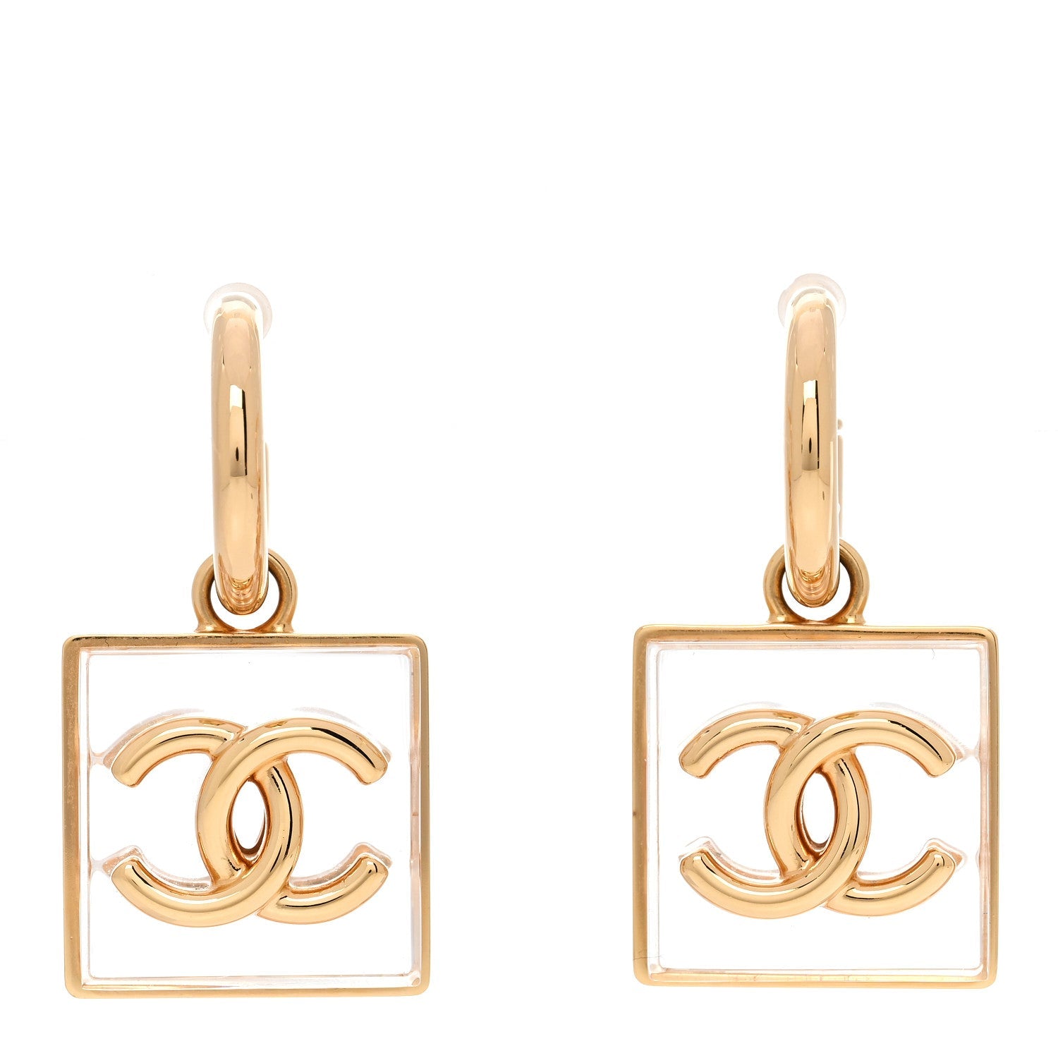 Metal Resin CC Square Drop Earrings Gold Transparent