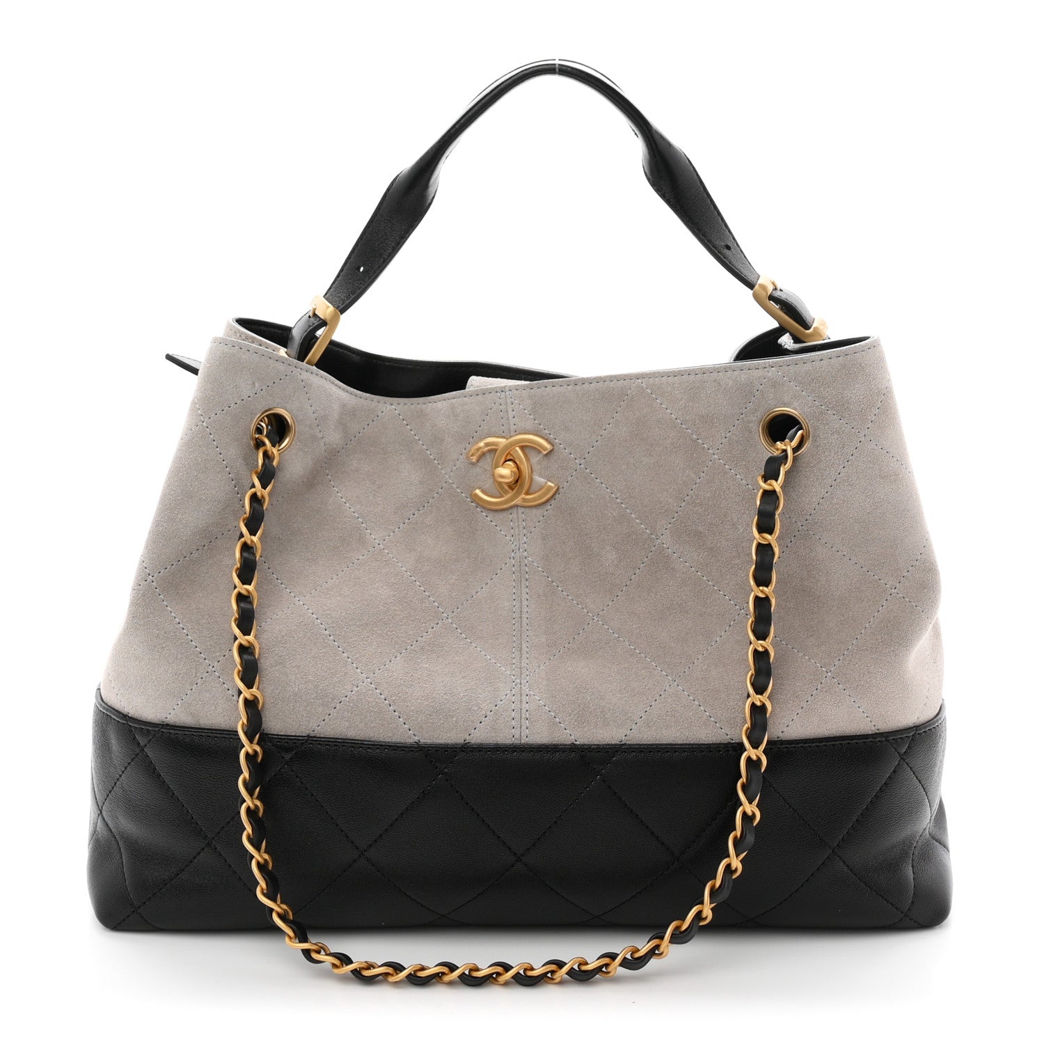 Suede Calfskin Shiny Lambskin Quilted Small Coco Base Shopping Bag Grey Black