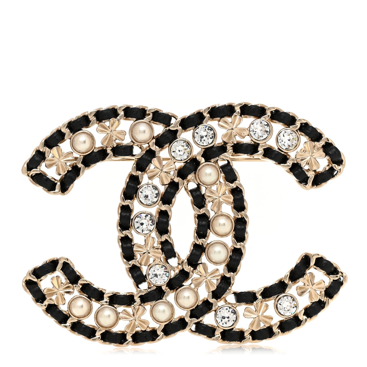 Lambskin Pearl Crystal CC Brooch Gold Black