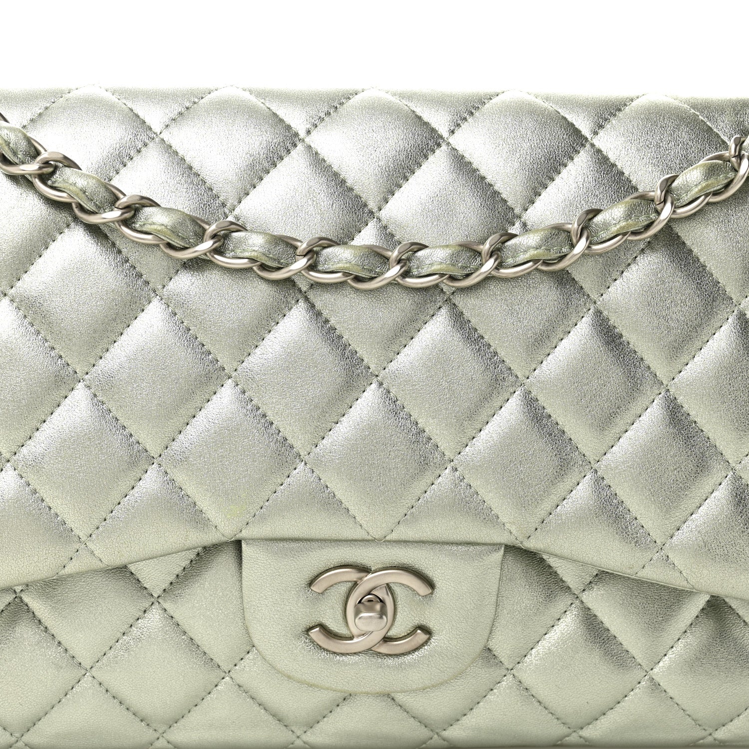 Metallic Lambskin Quilted Jumbo Double Flap Green