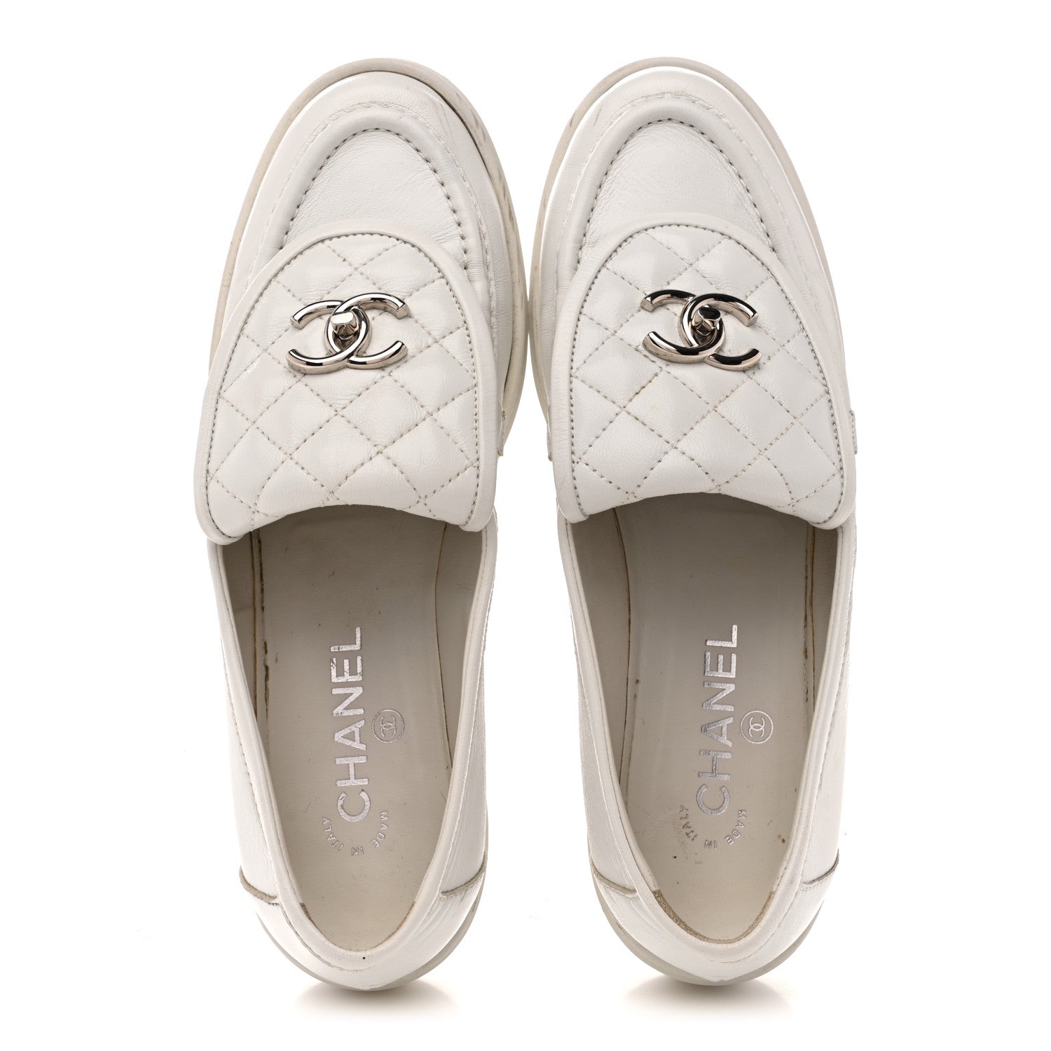 Shiny Lambskin Quilted CC Turnlock Loafers 40 White