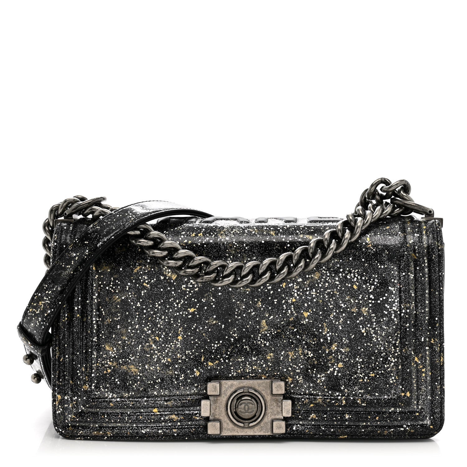 Glitter Glazed Calfskin Medium Boy Flap Black